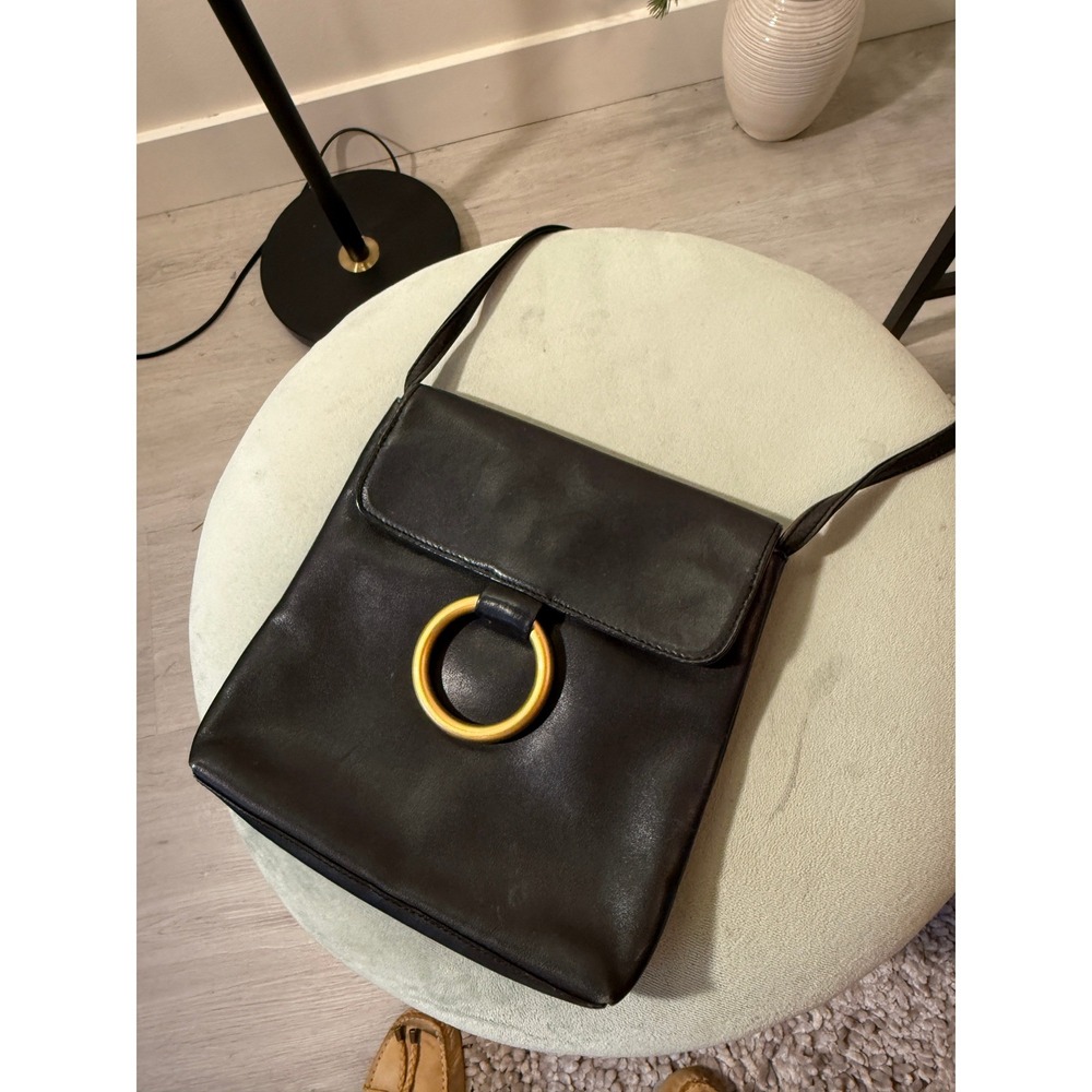 Franchi ring detail black leather med crossbody shoulder‎ bag date purse GUC